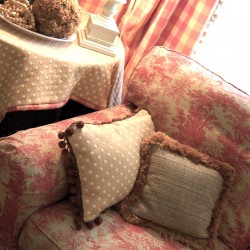 toile sofa fringe pillows frugal homemaking
